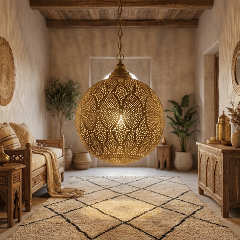 Authentic Moroccan Hanging Lamp – Hand-Hammered Brass Globe Pendant Light for Boho Bedroom Mood Lighting