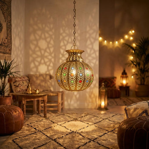Filigree Brass Moroccan Pendant Light Entryway
