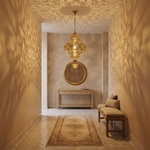 Handmade Moroccan Hanging Lamp - Gold Brass Finish - Intricate Shadow Casting