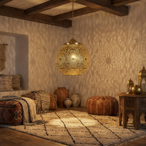 Moroccan Pendant Light – Globe Star Brass Lamp