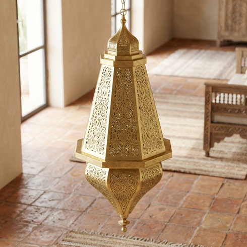 Authentic Moroccan Hanging Lamp - Gold Hand-Hammered Brass - Entryway Lantern