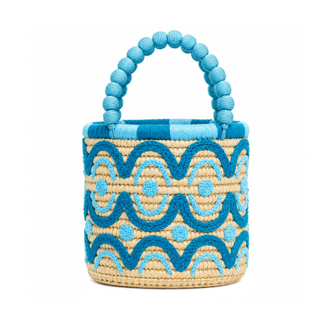 Moroccan Raffia Bucket Bag – Handmade Blue Embroidered Straw Bag