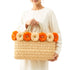 Wicker Tote Bag with Orange Raffia Flowers | Fall Halloween Straw Bag