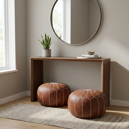 Handmade Moroccan Pouf - Brown Genuine Leather - Boho Chic Floor Seat - Hand-Stitched Embroidery