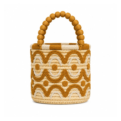 Beige and goldenrod embroidered raffia bucket bag by the sea, a summer resort handbag handmade in Morocco