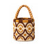 handmade raffia bucket bag with wooden bead top handle and dark brown and goldenrod wave embroidery, front view