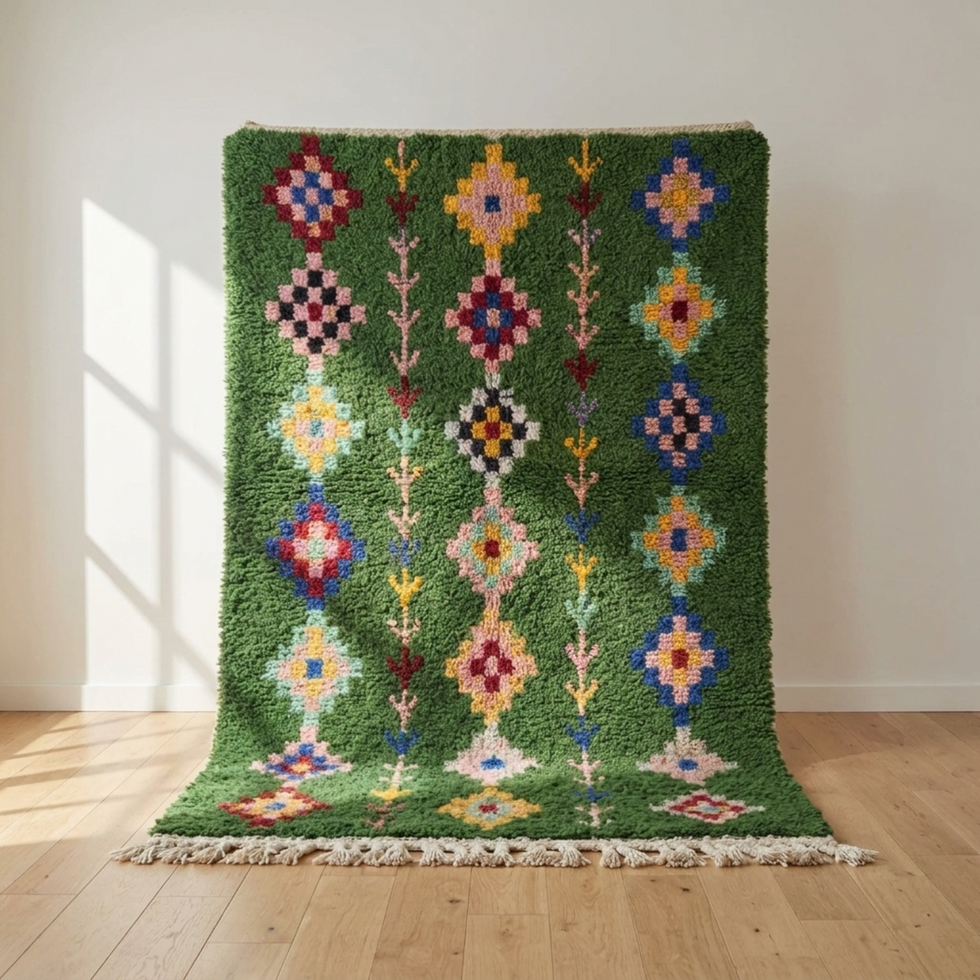 Beni Ourain Rug – Green High-Pile Tribal Wool Rug