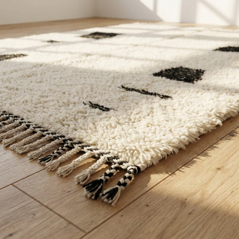 Beni Ourain Rug – Ivory Shaggy Abstract Wool Area Rug