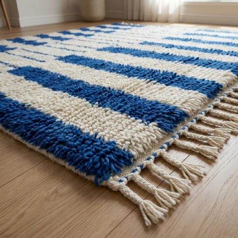 Handmade Azilal Rug – Plush High Pile Wool Rug with Modern Geometric Blue & Ivory Design