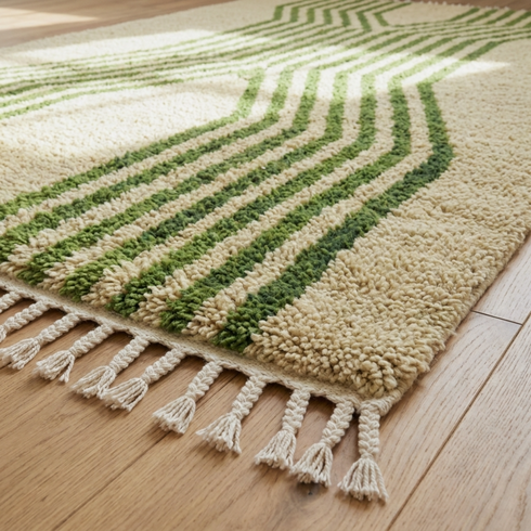 Beni Ourain Rug – Green Plush Striped Wool Rug