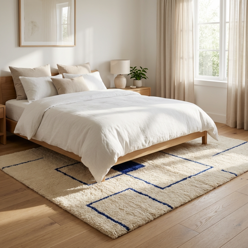 Modern Beni Ourain Rug - Plush Natural Wool - Geometric Blue Minimalist Decor