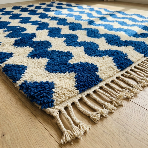 Modern Moroccan Wool Rug - High Pile Shaggy Texture - Vibrant Blue Geometric Wave Design