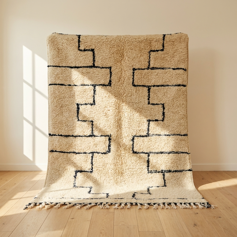 Beni Ourain Rug – Soft Shaggy Wool Area Rug with Tribal Geometric Design for Boho Interiors