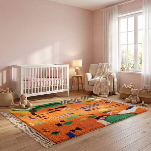Azilal Rug – Orange Shaggy Striped Wool Rug
