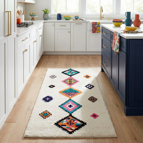 Vibrant Azilal Rug - Shaggy Natural Wool - Boho Living Room Decor - Geometric Tribal Diamonds