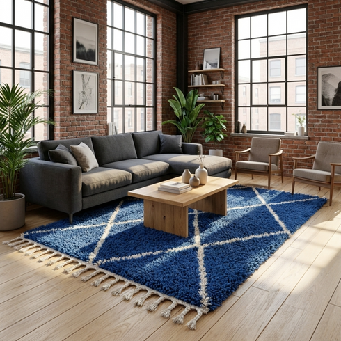 Beni Ourain Rug – Blue Plush Geometric Wool Area Rug