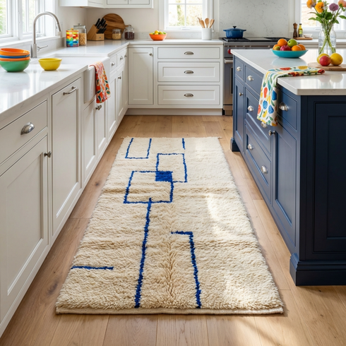 Modern Beni Ourain Rug - Plush Natural Wool - Geometric Blue Minimalist Decor