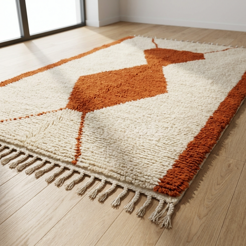 Beni Ourain Moroccan Rug – Plush Wool Area Rug with Burnt Orange Geometric Design for Boho Interiors
