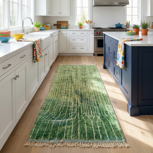 Modern Moroccan Wool Rug – Plush Shaggy Berber Rug with Sage Green Geometric Design for Boho Decor
