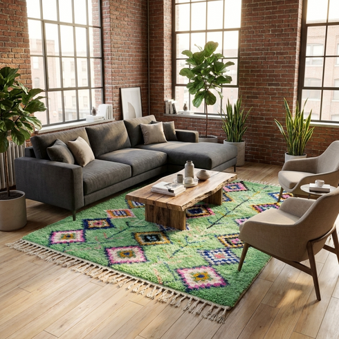 Handmade Azilal Moroccan Rug – Vibrant Shaggy Wool Rug with Sage Green Tribal Diamond Design