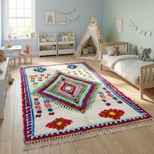 Handmade Azilal Rug - Vibrant 100% Wool - Shaggy Boho Area Rug - Colorful Geometric Tribal Motif