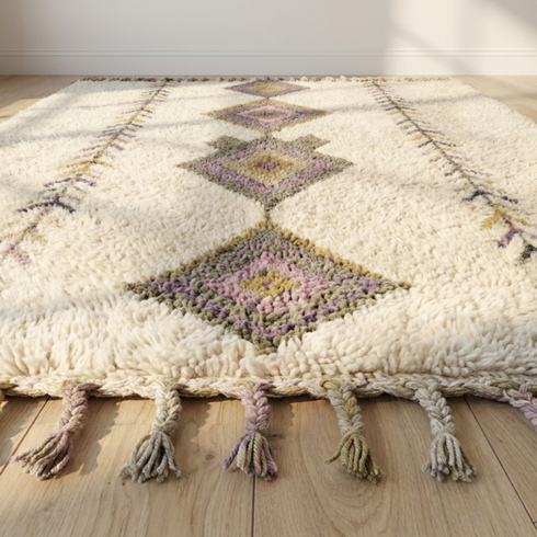 Moroccan Berber Rug – Ivory Plush Geometric Wool Area Rug