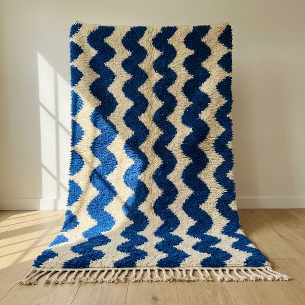 Moroccan Berber Rug – Blue Shaggy Abstract Wool Area Rug