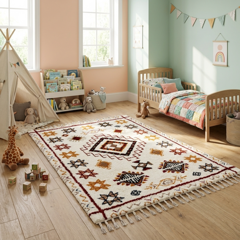 Handmade Azilal Rug - High Pile Natural Wool - Boho Moroccan Living Room Decor - Tribal Geometric Pattern