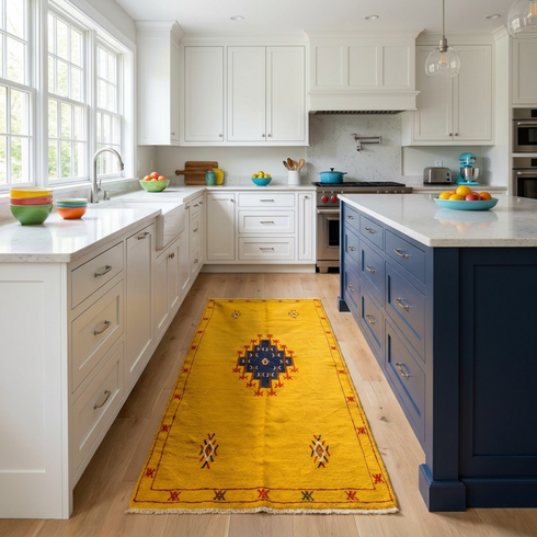 Vibrant Moroccan Kilim Rug - Flatweave Natural Wool Boho Decor - Mustard Yellow Tribal Motif