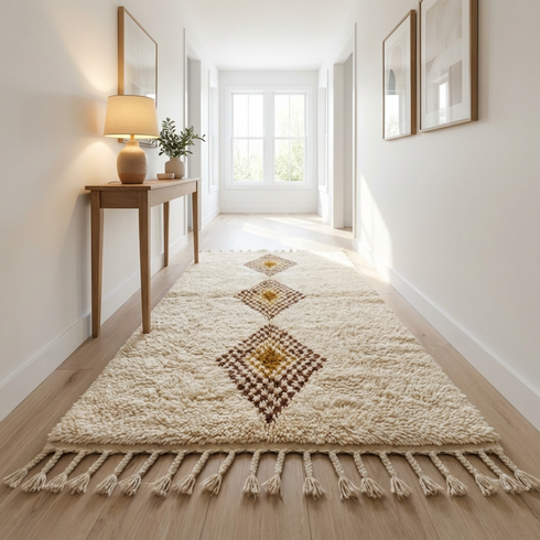 Beni Ourain Rug – Ivory Shaggy Diamond Wool Rug