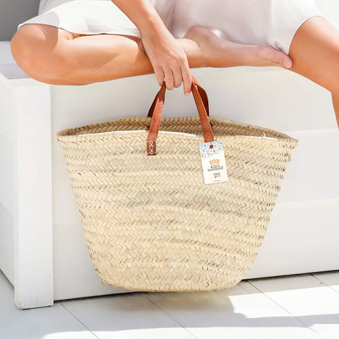 Large Straw Basket with Small Leather Handle - Handcrafted Moroccan Storage Solution
