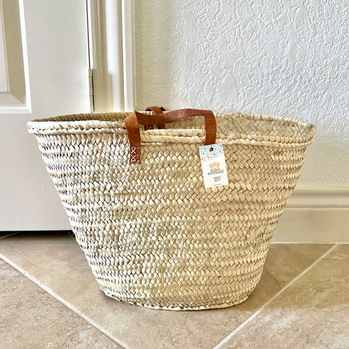 Large Straw Basket with Small Leather Handle - Handcrafted Moroccan Storage Solution