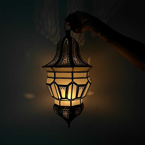 Moroccan Brass Hanging Lantern – White Glass Light (CL 1010)