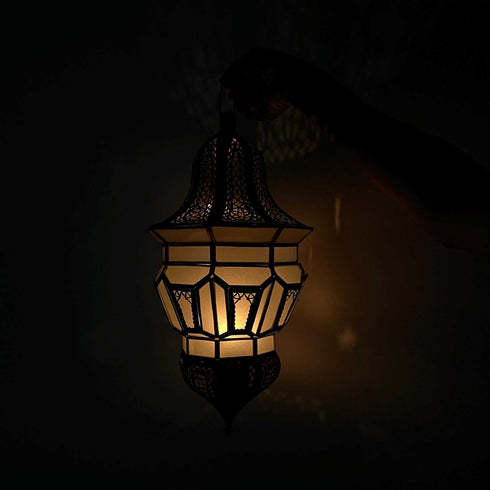 Moroccan Brass Hanging Lantern – White Glass Light (CL 1010)