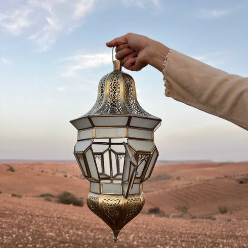 Moroccan Brass Hanging Lantern – White Glass Light (CL 1010)