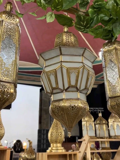 Moroccan Brass Hanging Lantern – White Glass Light (CL 1010)