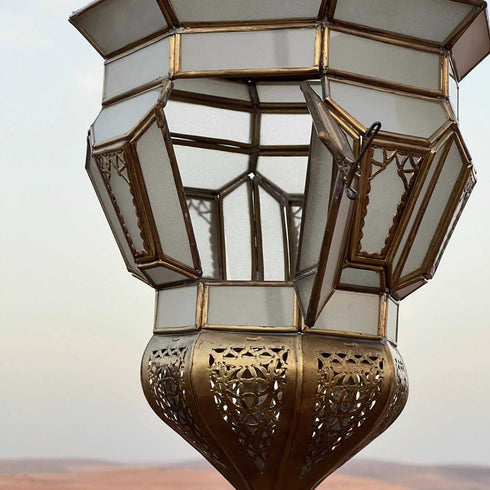 Moroccan Brass Hanging Lantern – White Glass Light (CL 1010)
