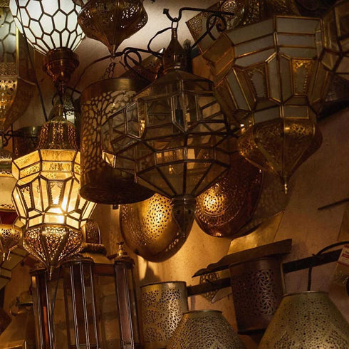 Moroccan Brass Hanging Lantern – White Glass Light (CL 1010)