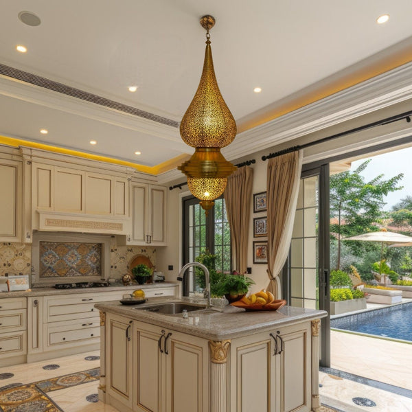 Brass Pendant Light – Moroccan Filigree Openwork Entryway