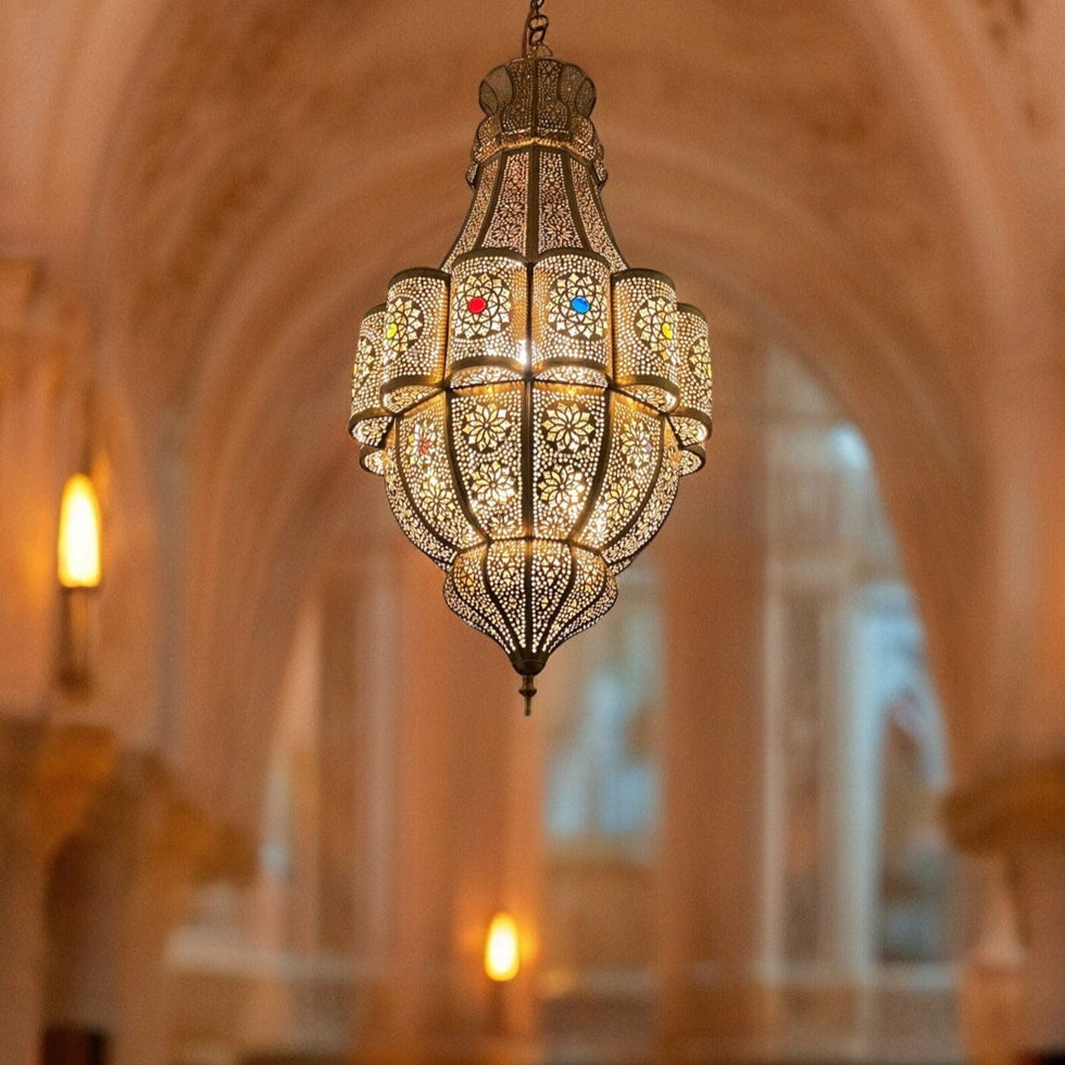 Filigree Moroccan Chandelier – Brass Openwork Lamp Living Room