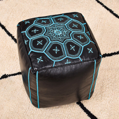 Square Bleu Ottoman Leather Pouf - Bohemian Deco