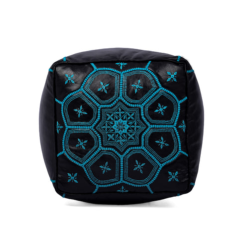 Square Bleu Ottoman Leather Pouf - Bohemian Deco
