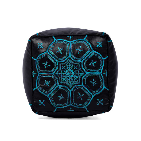 Square Bleu Ottoman Leather Pouf - Bohemian Deco