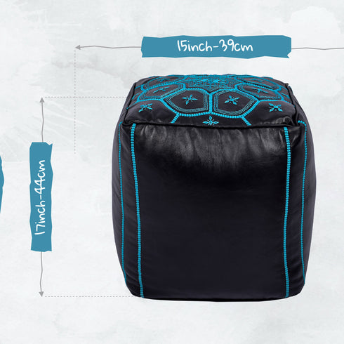 Square Bleu Ottoman Leather Pouf - Bohemian Deco