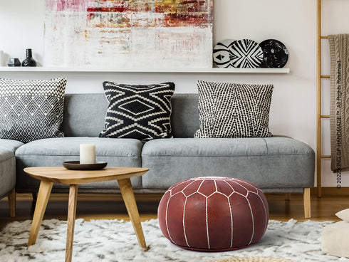 Moroccan Leather Ottoman - Stitched Hand-Knotted Leather Pouf