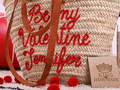 Personalized “Be My Valentine” Straw Basket Tote Bag | Custom Name Gift