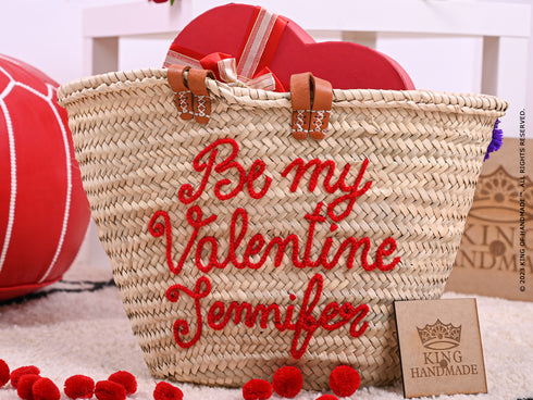 Personalized “Be My Valentine” Straw Basket Tote Bag | Custom Name Gift