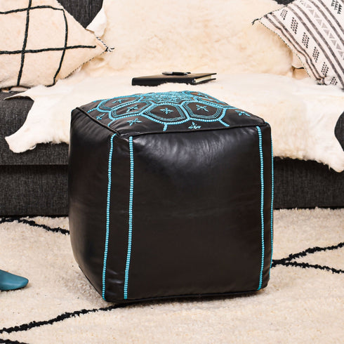 Square Bleu Ottoman Leather Pouf - Bohemian Deco
