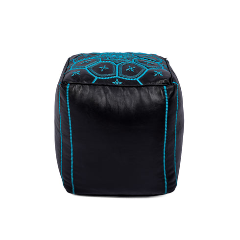 Square Bleu Ottoman Leather Pouf - Bohemian Deco