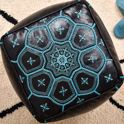 Square Bleu Ottoman Leather Pouf - Bohemian Deco